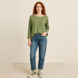 Cut Loose Sage Green Linen Blend Asymmetrical Seams Flowy Long Sleeve Top Sz M